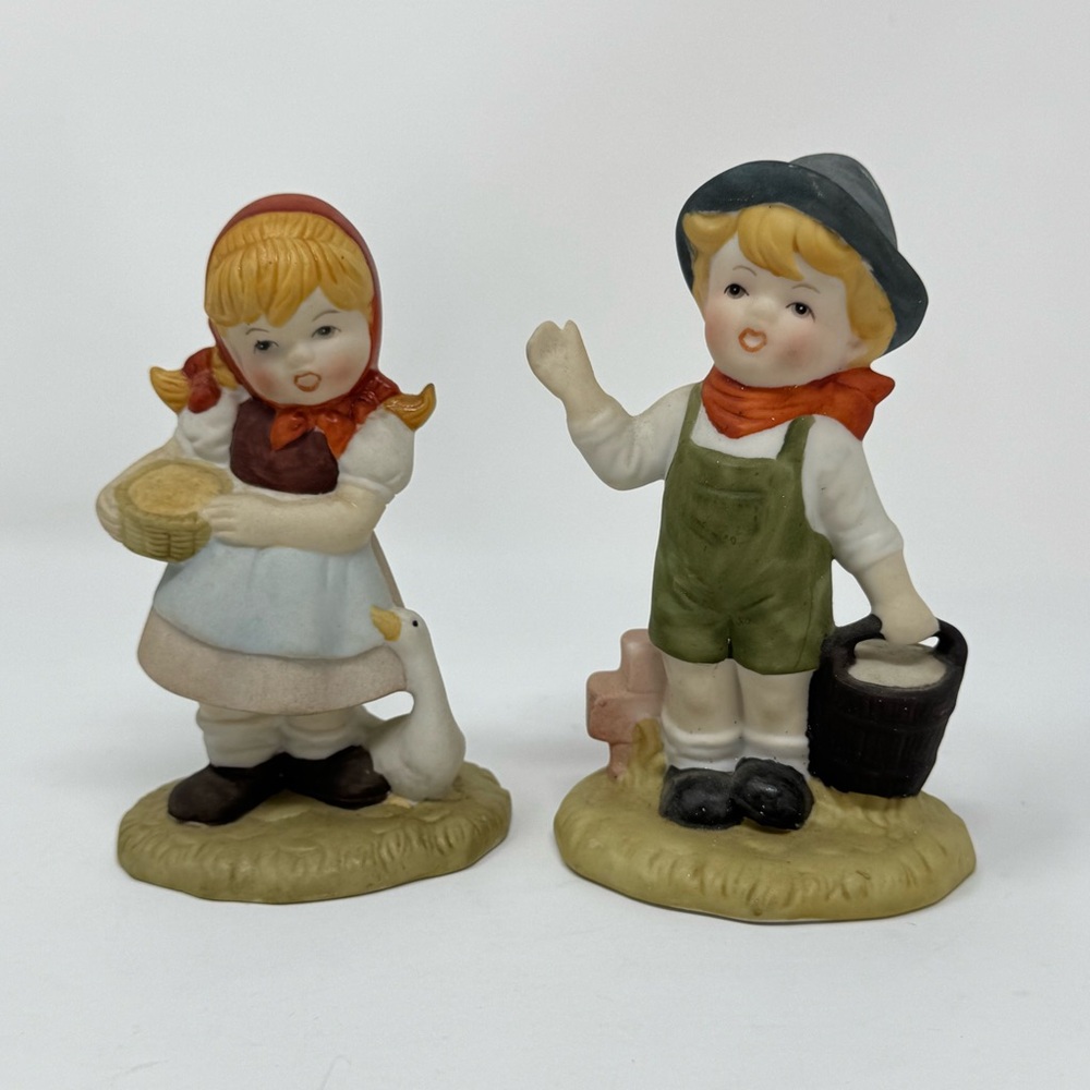 Vintage German Boy with Pail and German Girl with Goose Porcelain Figures